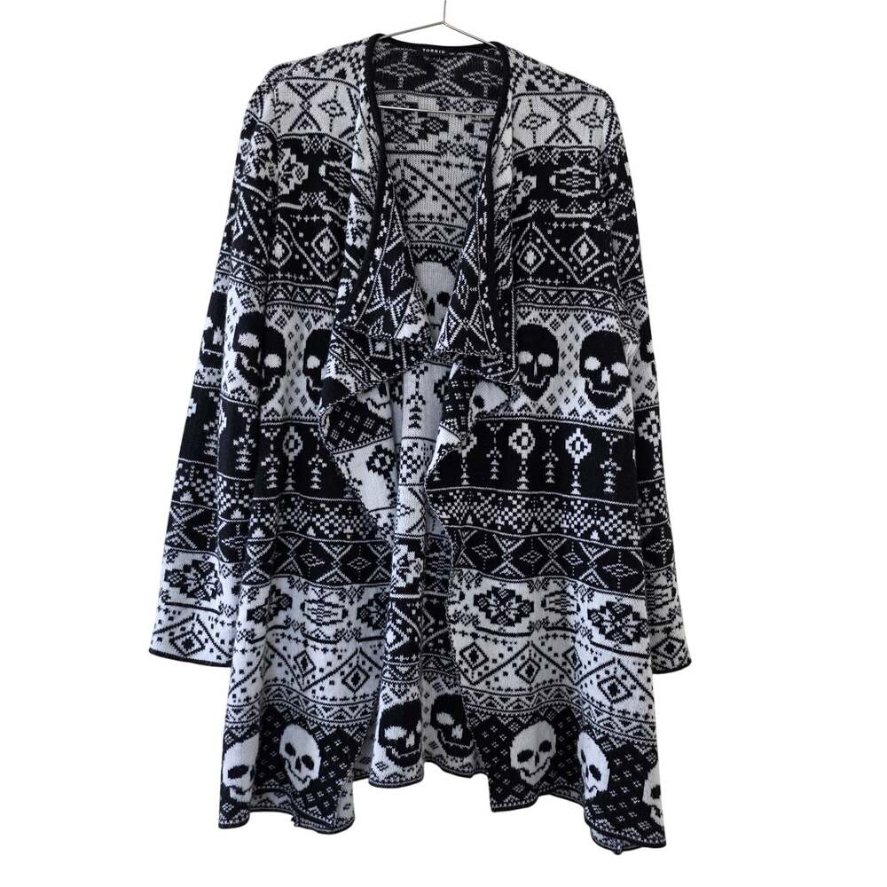 Torrid Skull Print Open Front Cardigan Black White Women Size 1 Plus Waterfall